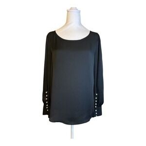 Elegant Black Long Sleeve Blouse with Pearl Button Detail Scoop Neck Dressy Top